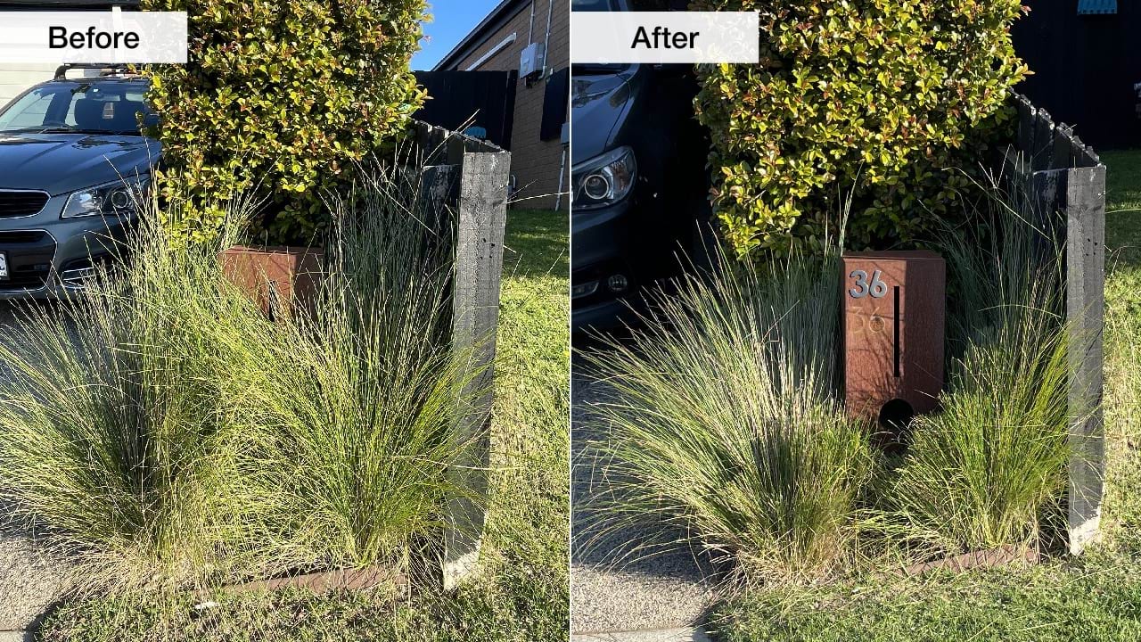 Image shows side by side images of a mailbox. In the before image, shrubs cover the property number, making it nearly impossible to see. In the after image the number has been moved to the top of the mailbox and the shrubs have been trimmed, making it easy to see the house number from a distance.