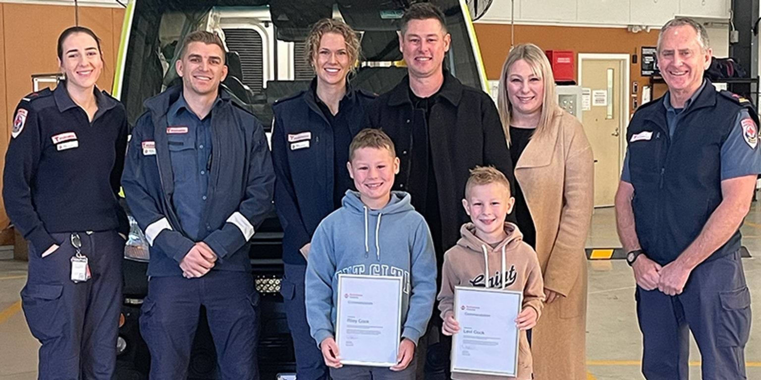 Paramedics Meg McQueen, Brodie Thomas, Bree Doorne and Dale Richards caught up with Jason and Alison Cook and their two sons Riley and Levi on Wednesday.