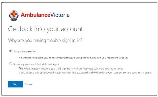 Microsoft password reset dialog