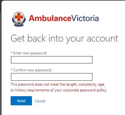Microsoft password reset error
