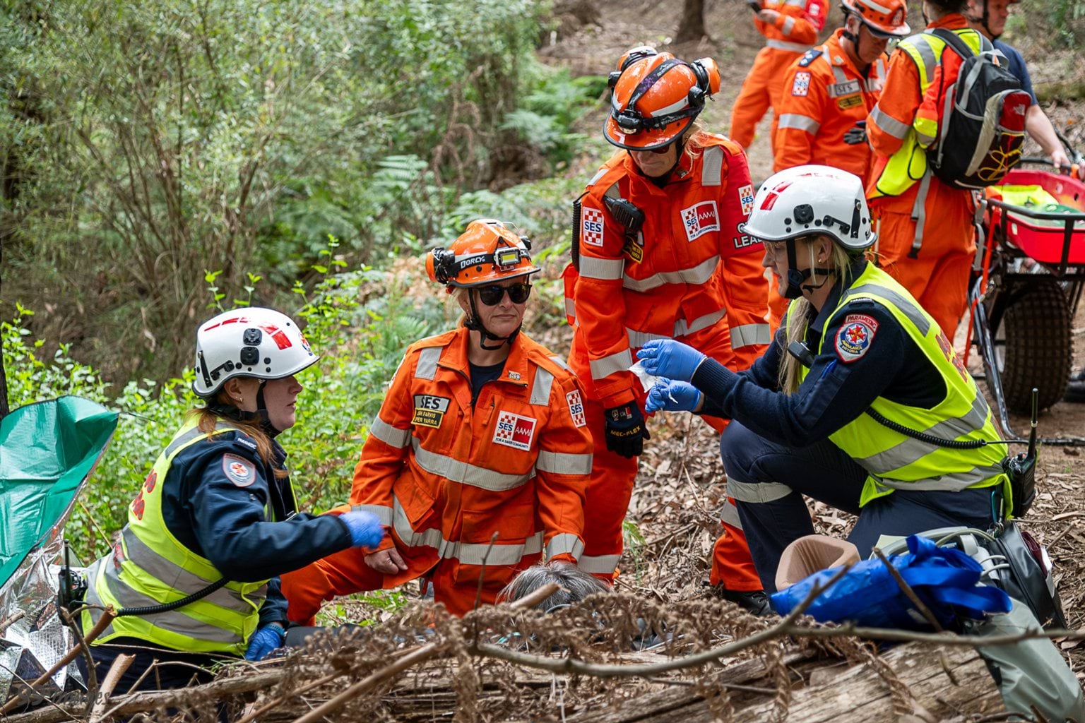 Paramedics and SES workers in the bush