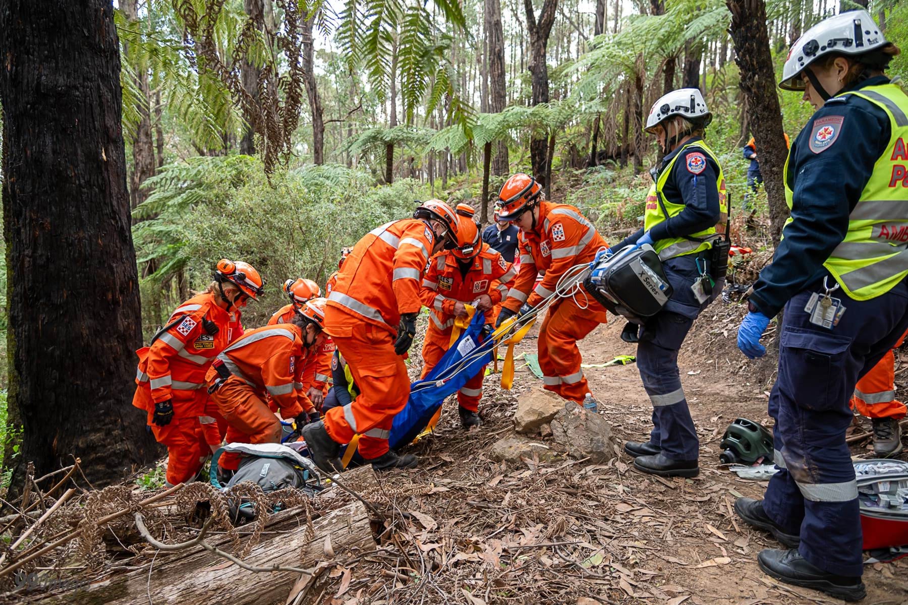 SES workers and paramedics pull an injured person from beside a bush track.