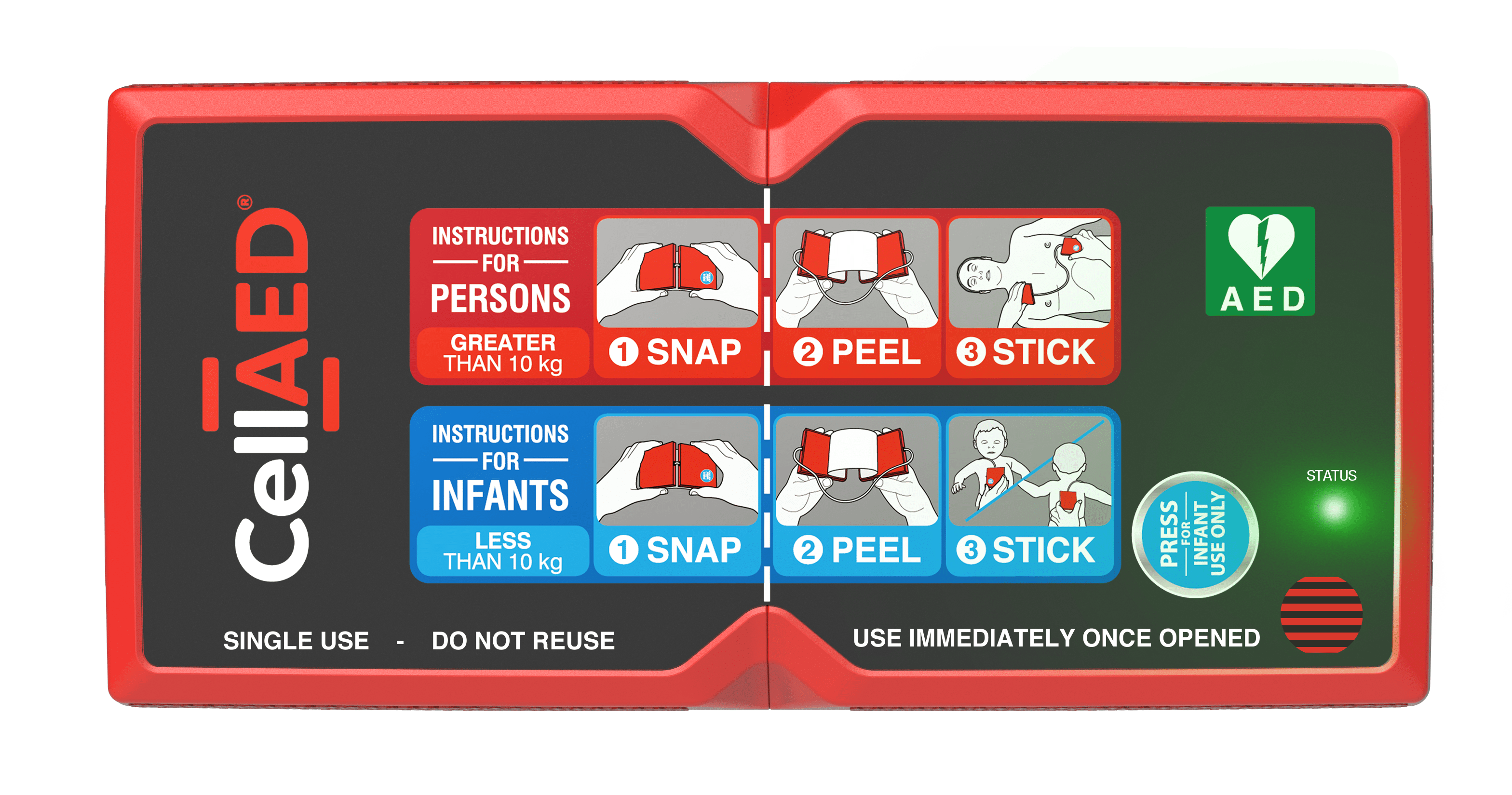 The front panel of an ultraportable automated external defibrillator device, displaying the functions and buttons.