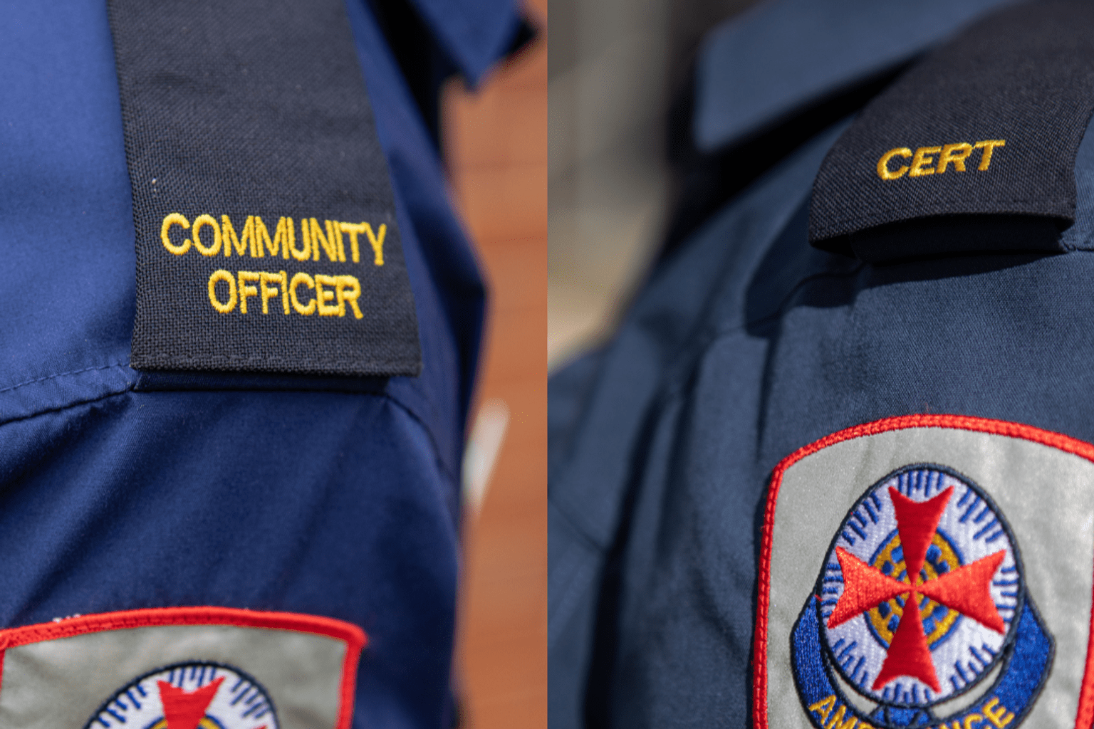Two photos side by side of Ambulance Victoria epaulettes. One says Community Officer and the other says CERT.