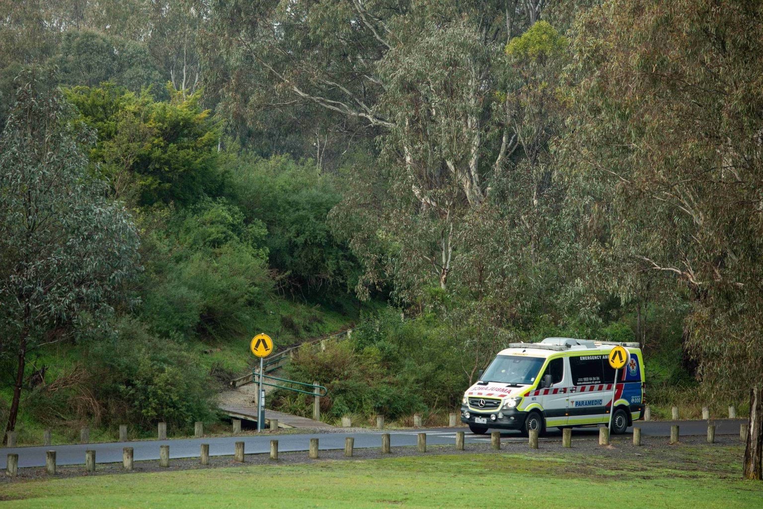An ambulance drives along a road next to green bushland with a walking trail.