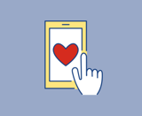 The image shows a hand holding a mobile phone. There is a red heart on the phone screen. 