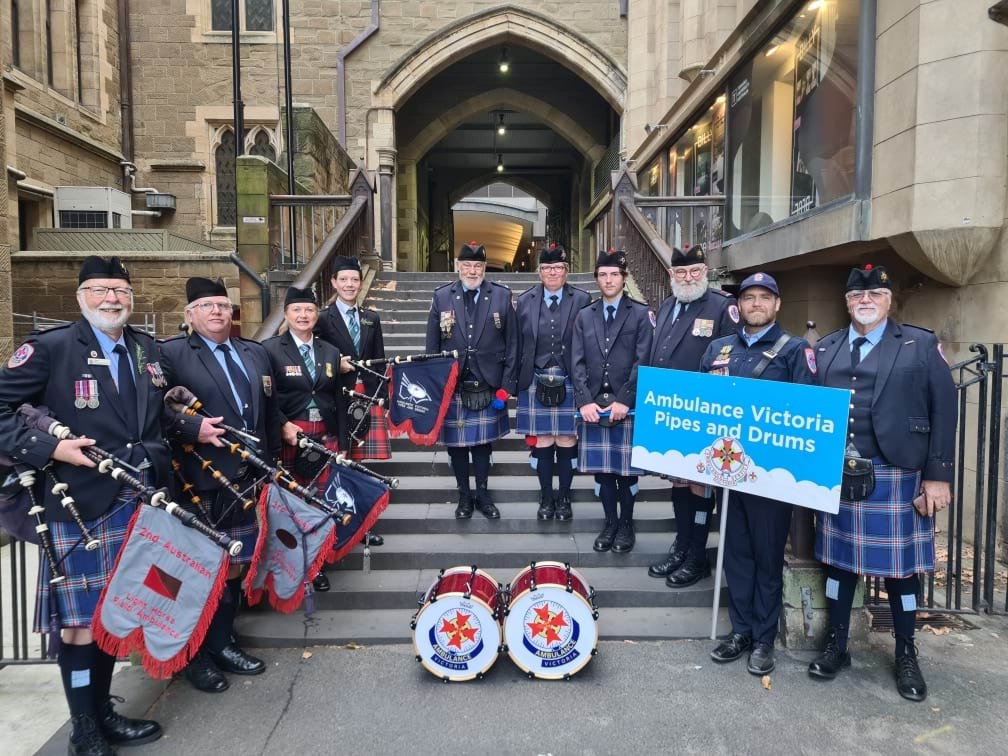 The Ambulance Victoria Pipes and Drums Band dressed for a performance.