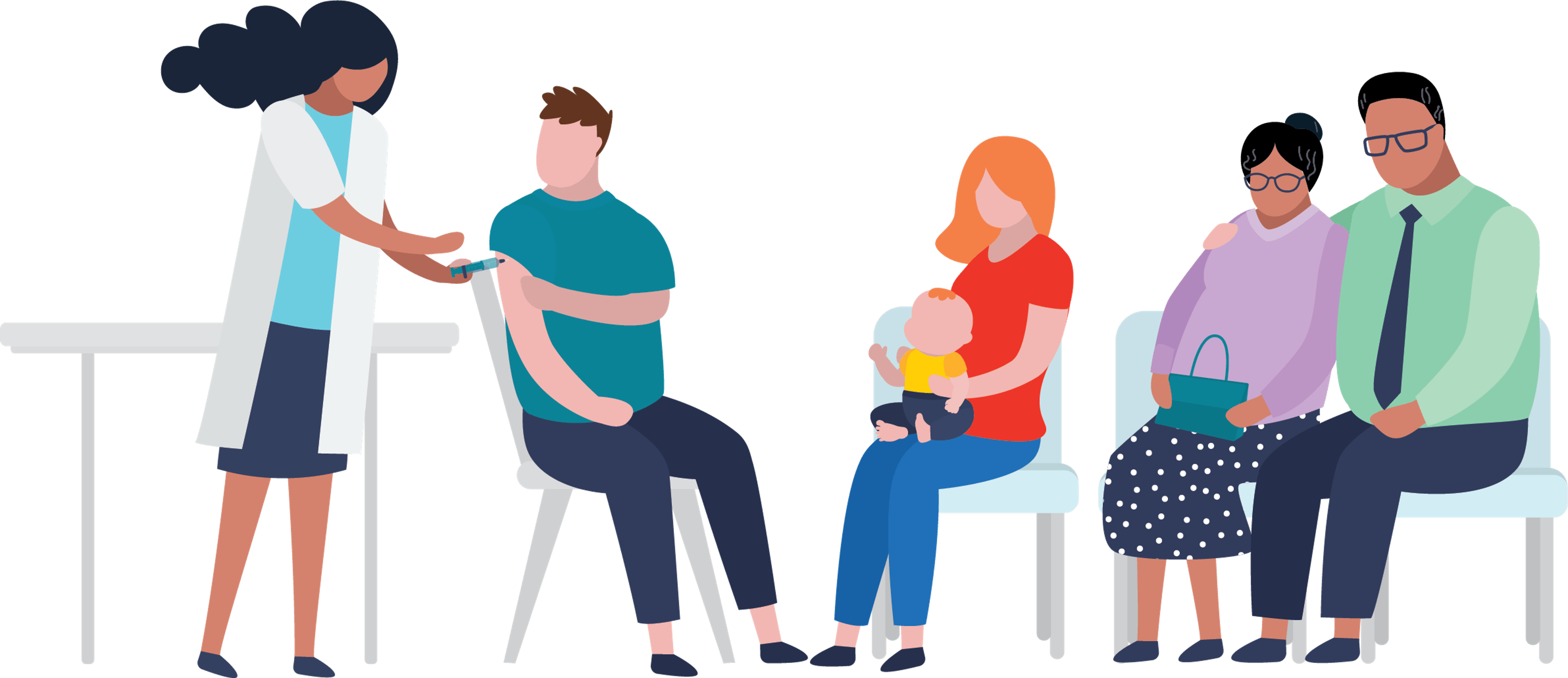 A group of people wait while a doctor vaccinates a person