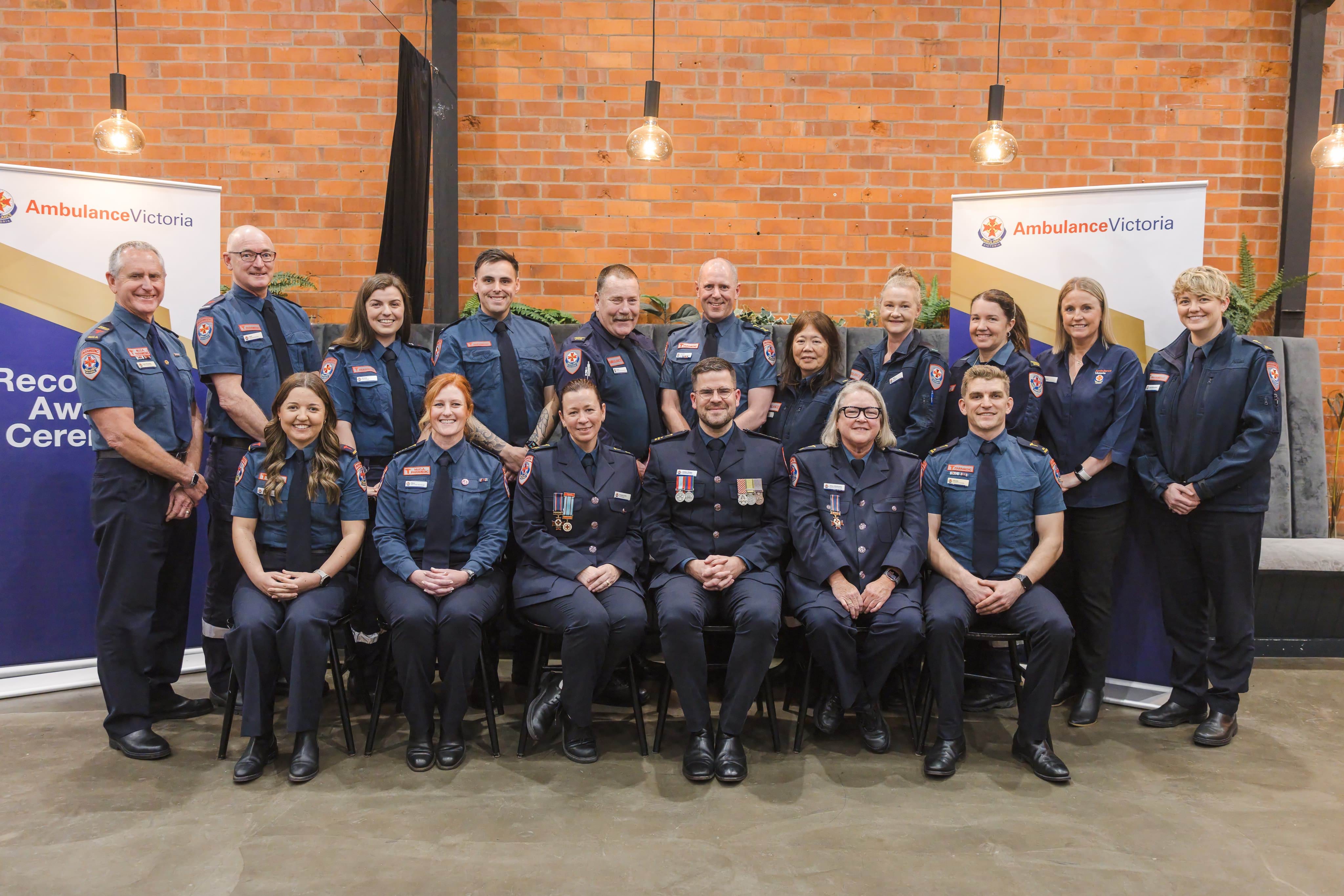 A group photo at an Ambulance Victoria awards event.