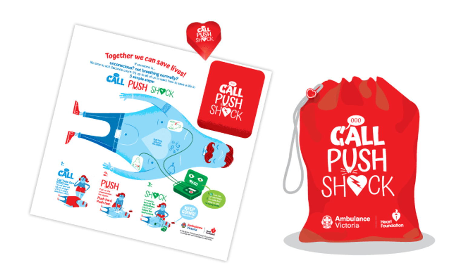 A poster, foam heart and carry bag used in Call Push Shock sessions