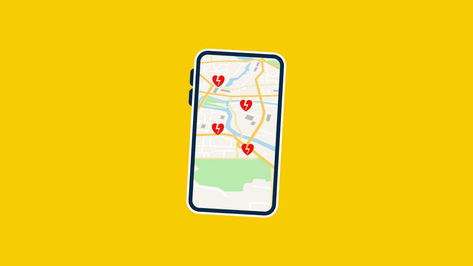 A mobile phone with AEDs on a map