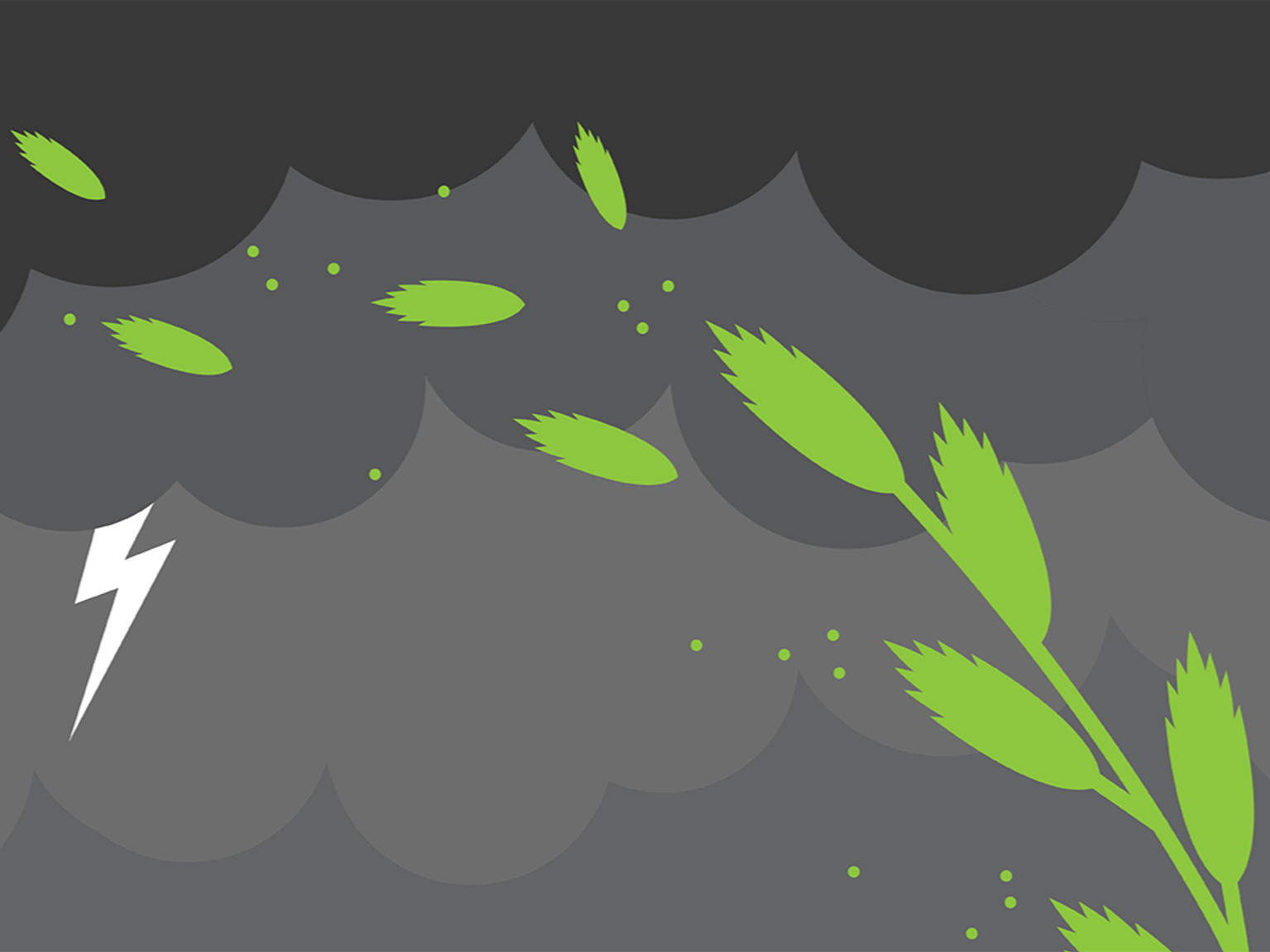A graphical representation of grass pollen, dark clouds and a lightning bolt