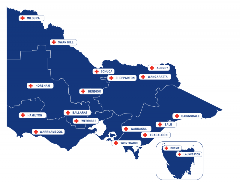 Map of Victorian Stroke Telemedicine locations in Victoria and Tasmania