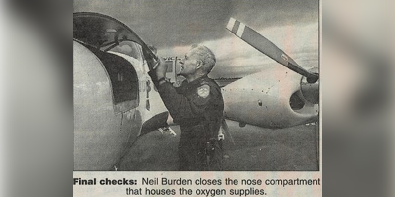 Neil Burden performing checks on the Cessna 404 (also known as a ‘Cessna Titan’) while working on Air Ambulance’s fixed wing aircraft in 1996