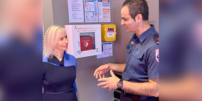 Caulfield Grammar School Drama Teacher and cardiac arrest survivor Lyndy Clarke (left) and AV Director Research and Evaluation Ziad Nehme (right)