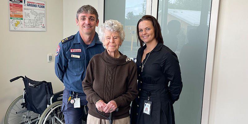 Ambulance Victoria Team Manager Andrew Berry, Alwyn Bell and TDHS Director of Clinical Services Larissa Barclay standing together in front of the Urgent Care ward.