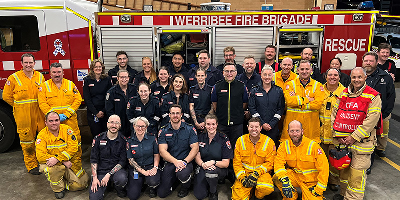 A group shot of the first responders from Ambulance Victoria, Country Fire Authority, and Victoria Police who participated in the training exercise.