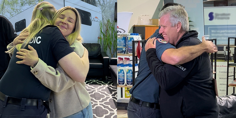 Jeff and his daughter Jayde are seen hugging paramedics Emmy and Josh.