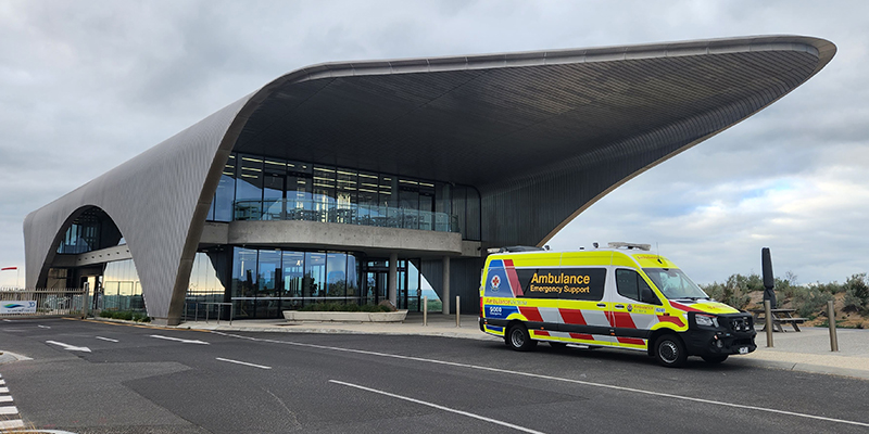 An ambulance parked in front of the Searoad Ferries terminal.